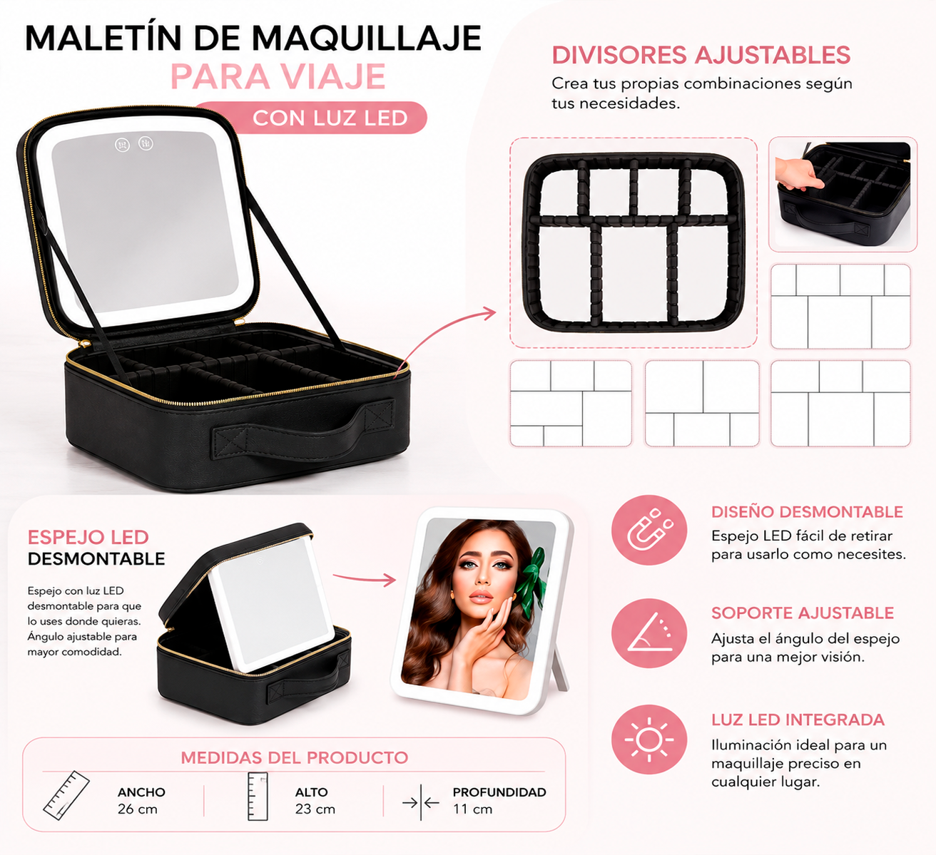 MALETIN DE MAQUILLAJE PARA VIAJE CON LUZ LED